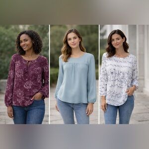 LOFT Women's Long-Sleeve Blouse Trio — Dusty Blue, Plum & White Print